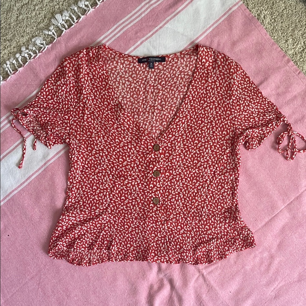 One Heart 1Heart Clothing Los Angeles Pink/Red Ruffled Button Down Blouse Ties
